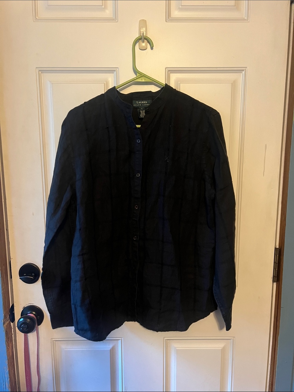 Lauren Ralph Lauren Black 100% Linen Mandarin Collar Button Down Shirt large